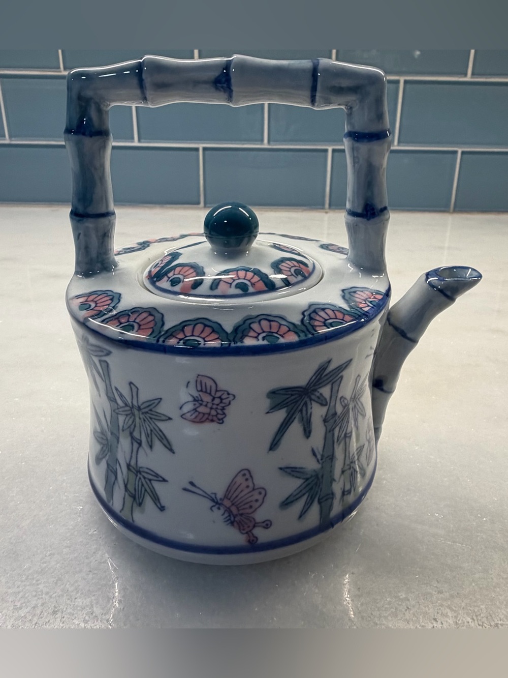 Porcelain Teapot with Pink Butterfly & Green Bamboo Motif